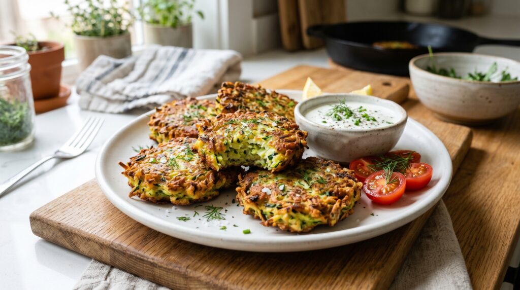 Golden, crispy zucchini fritters on a white plate