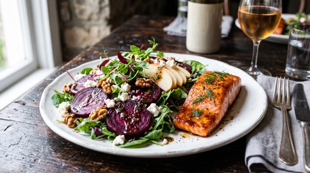 A spectacular roasted beet and feta salad on a wide white plate