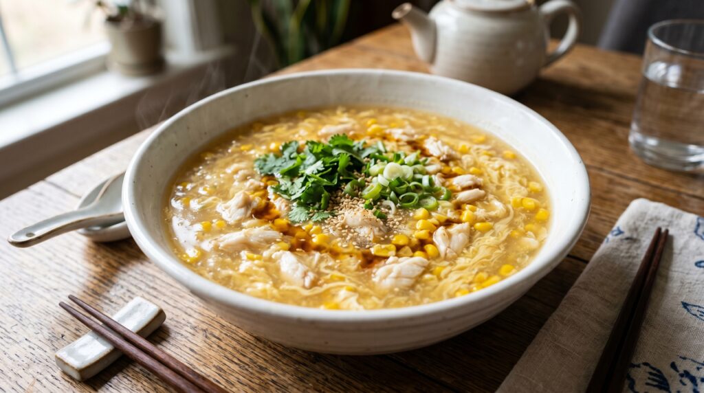 A warming, vibrant crab and sweet corn soup in a wide white bowl