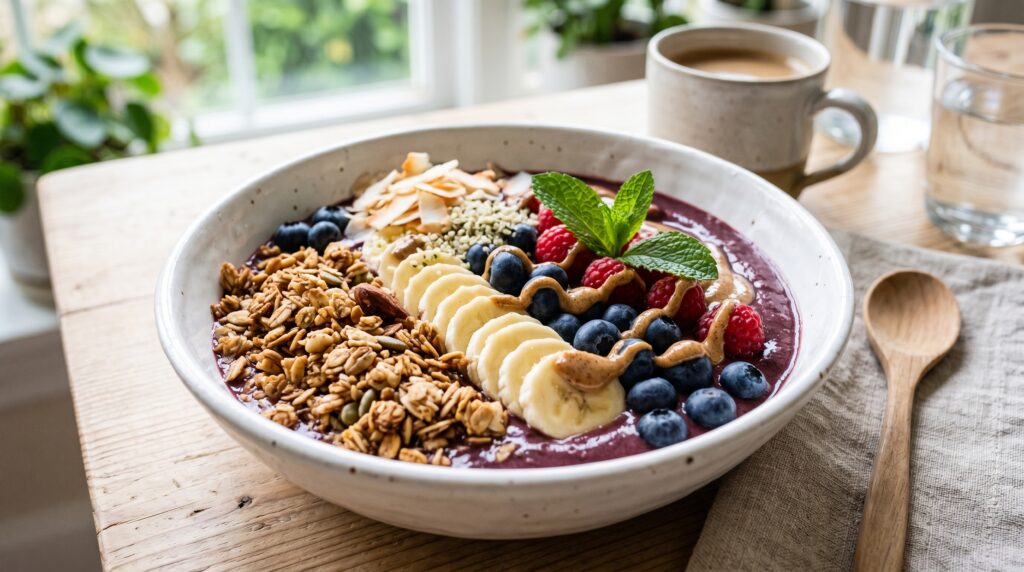 A beautiful, thick smoothie bowl in a wide white ceramic bowl
