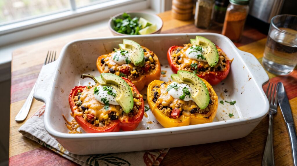 Four vibrant stuffed bell peppers in a white baking dish