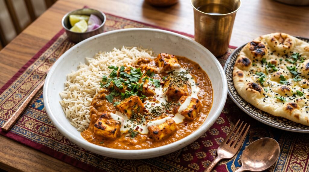 A rich, vibrant paneer tikka masala in a wide white bowl over basmati rice