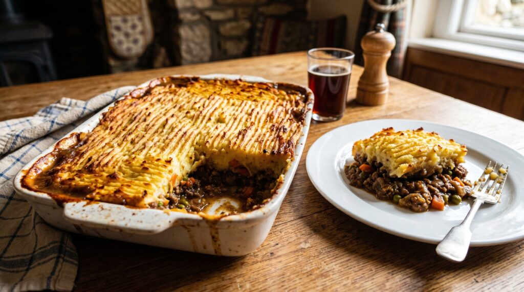 A magnificent shepherd's pie in a deep white ceramic baking dish