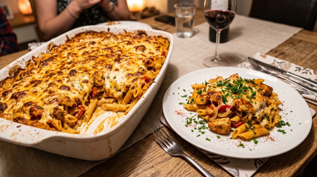 A spectacular, golden Cajun chicken pasta bake in a large white ceramic baking dish