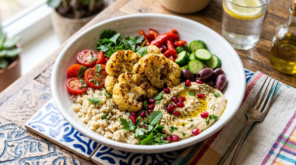 A vibrant, colorful Mediterranean cauliflower bowl in a wide white bowl