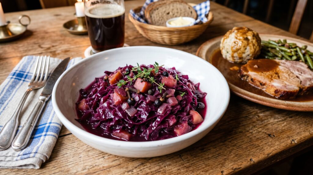 A glossy, deeply colored German braised red cabbage in a wide white bowl