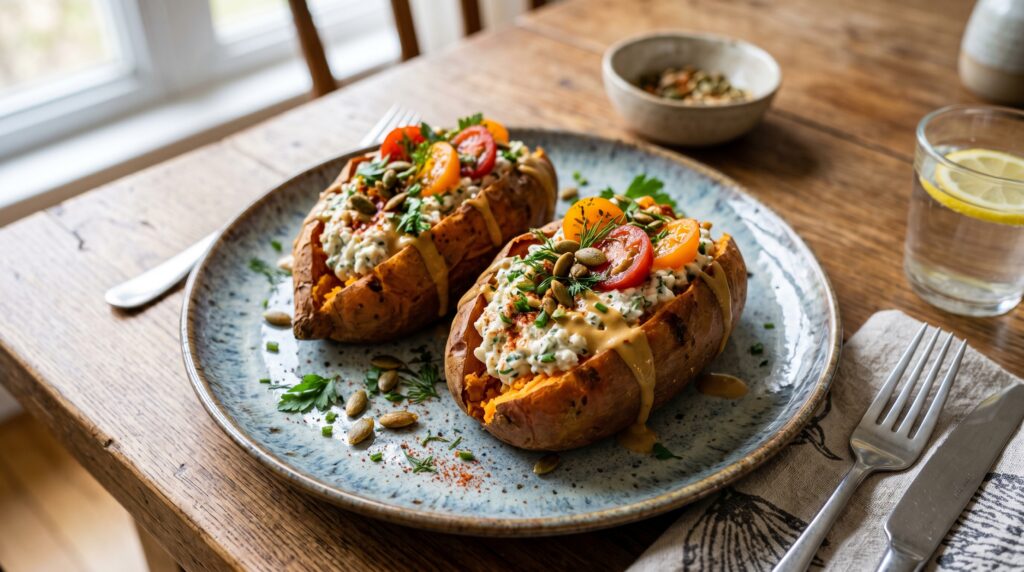 Two golden baked sweet potatoes split open and filled generously with a savory cottage cheese mixture topped with fresh herbs