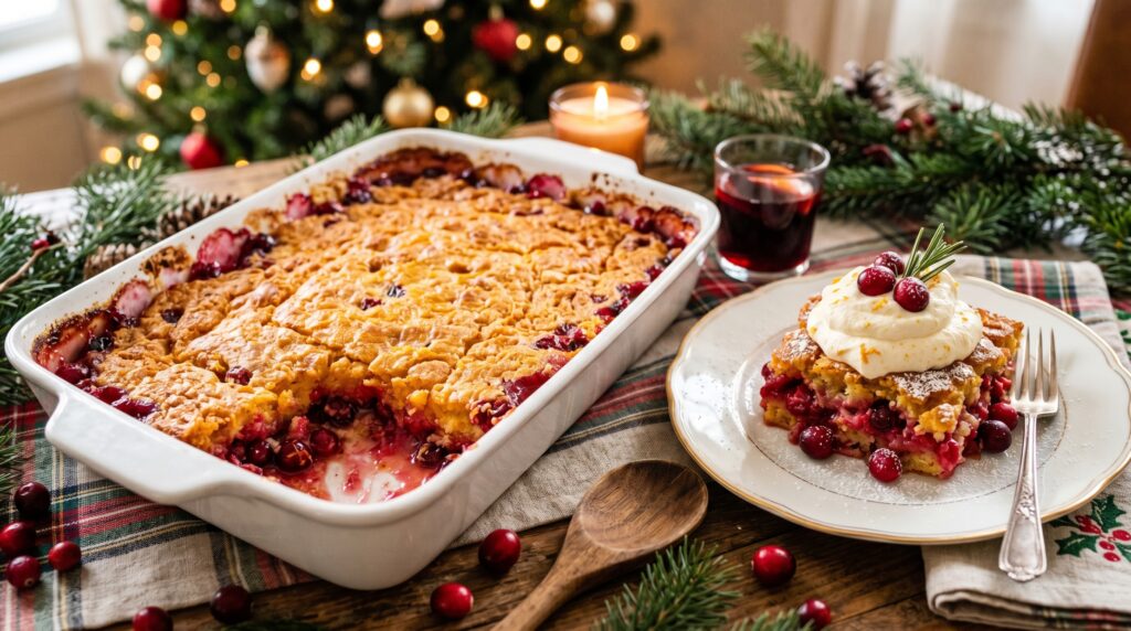 A vibrant, festive cranberry orange dump cake in a white baking dish