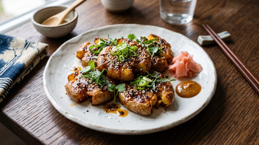 Sophisticated miso butter smashed potatoes on a white plate