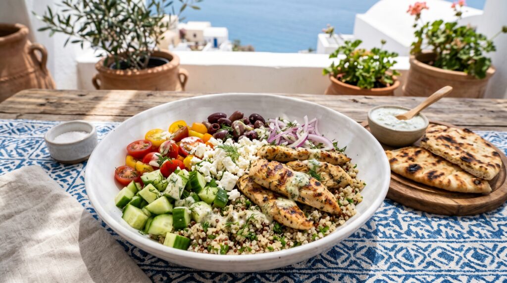 A vibrant, generous Greek chicken bowl in a wide white bowl