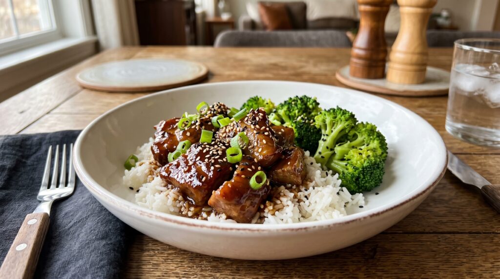A glossy, caramelized slow cooker honey garlic pork in a wide white bowl over steamed jasmine rice