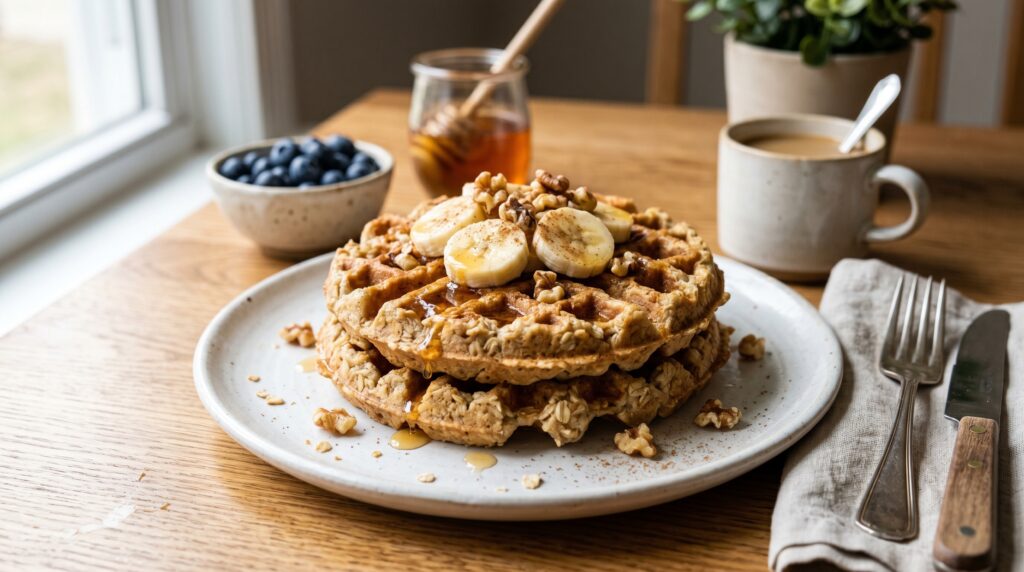 Golden, fluffy banana oat waffles on a white plate