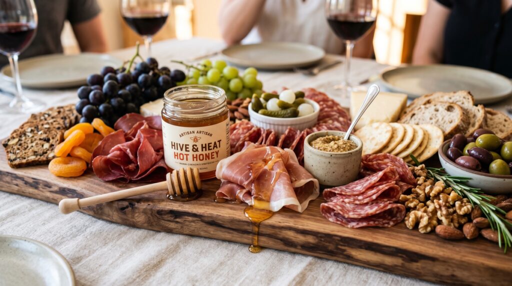 A spectacular charcuterie board on a large wooden board with hot honey as a prominent component