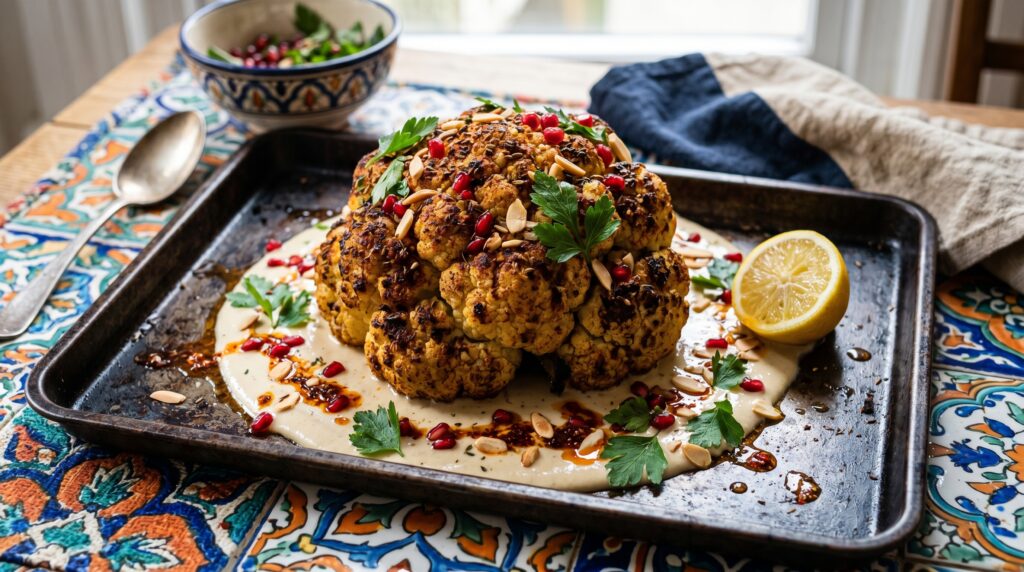 A spectacular smoky roasted cauliflower on a dark baking tray