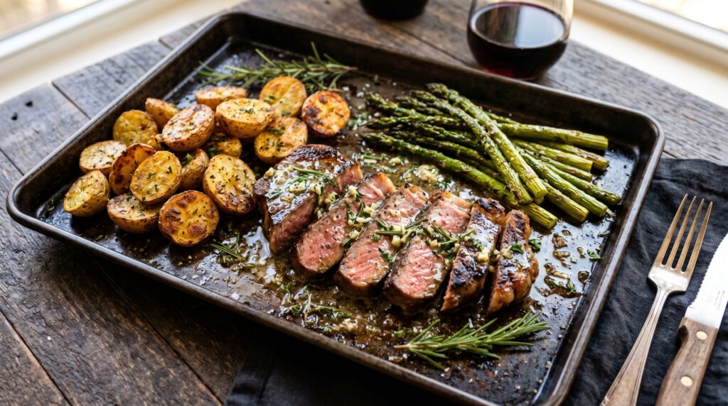 A spectacular sheet pan garlic butter steak and potatoes on a dark baking tray