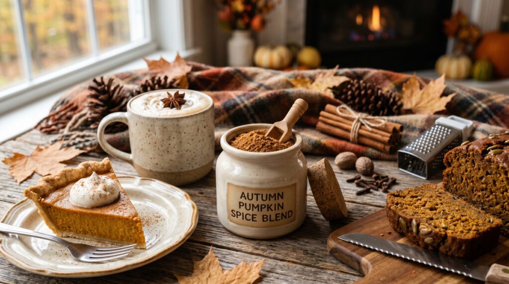 A warm, golden pumpkin spice blend in a small ceramic jar on an autumnal surface
