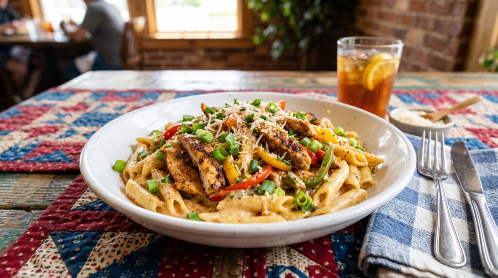 A vibrant, creamy Cajun chicken pasta in a wide white bowl