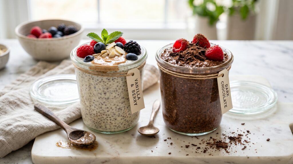 Two elegant keto chia seed pudding jars on a white marble surface