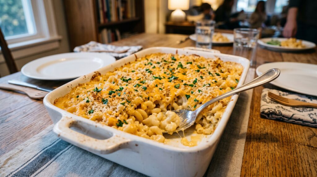 A creamy cauliflower mac and cheese in a white baking dish