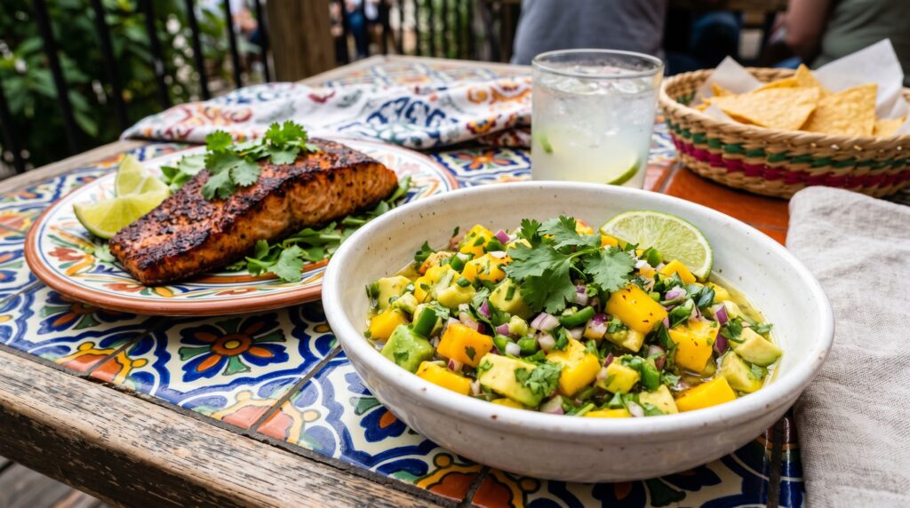 A vibrant, colorful avocado and mango salsa in a white bowl