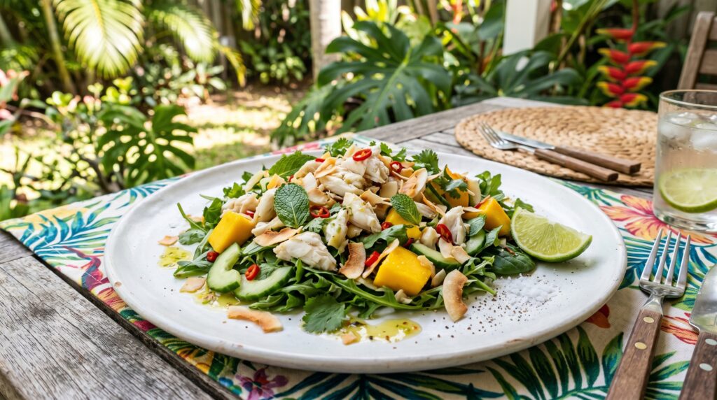 A stunning, tropical crab and mango salad on a wide white plate