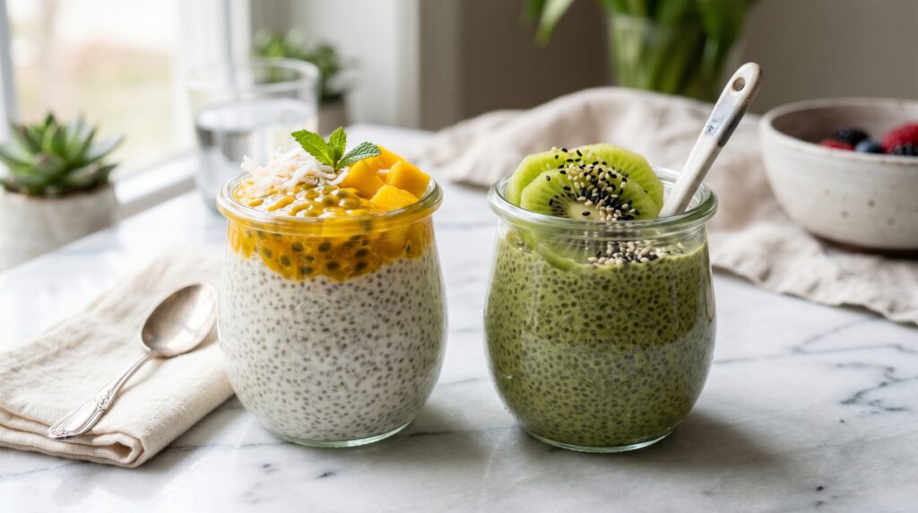 Two elegant chia seed pudding jars on a white marble surface