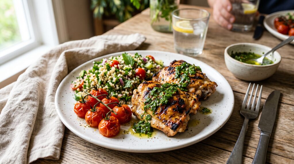 Beautiful grilled chicken thighs on a white plate