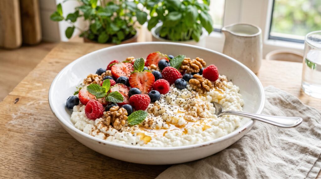A beautiful, abundant high-protein cottage cheese bowl in a wide white bowl