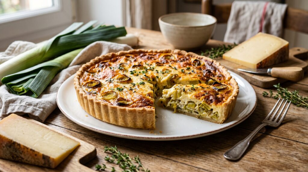 A beautiful leek and cheese tart on a white serving plate