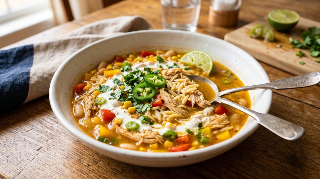 A warming, vibrant Cajun chicken pasta soup in a wide white bowl