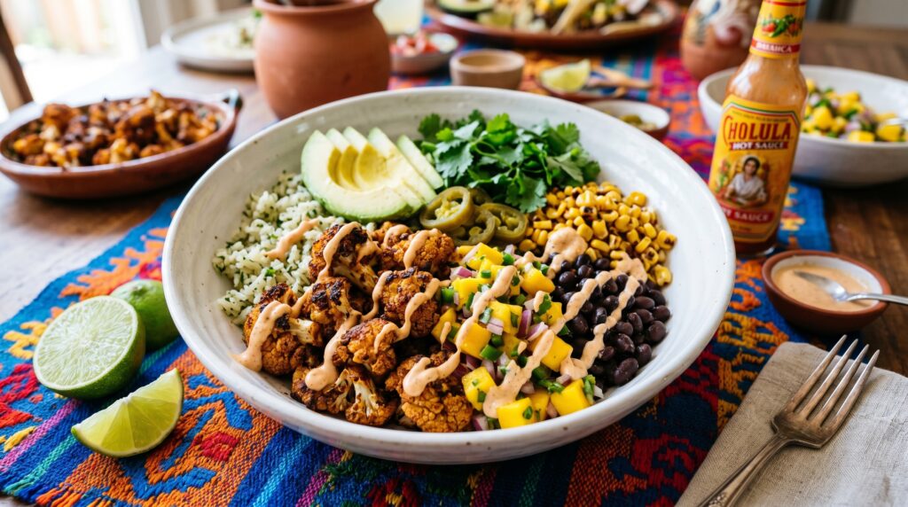 A vibrant, festive cauliflower taco bowl in a wide white bowl