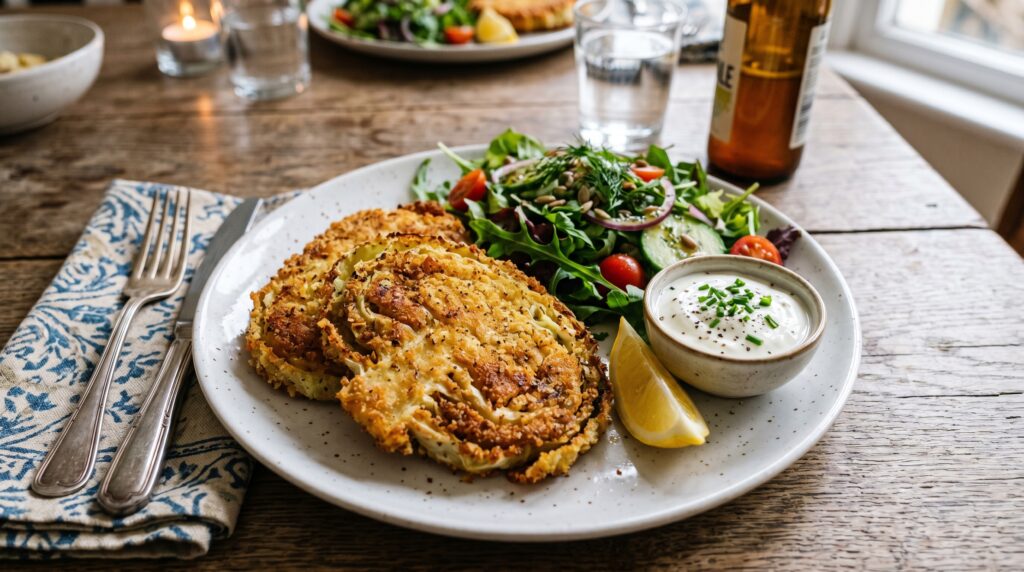 Golden, crispy cabbage schnitzel on a white plate
