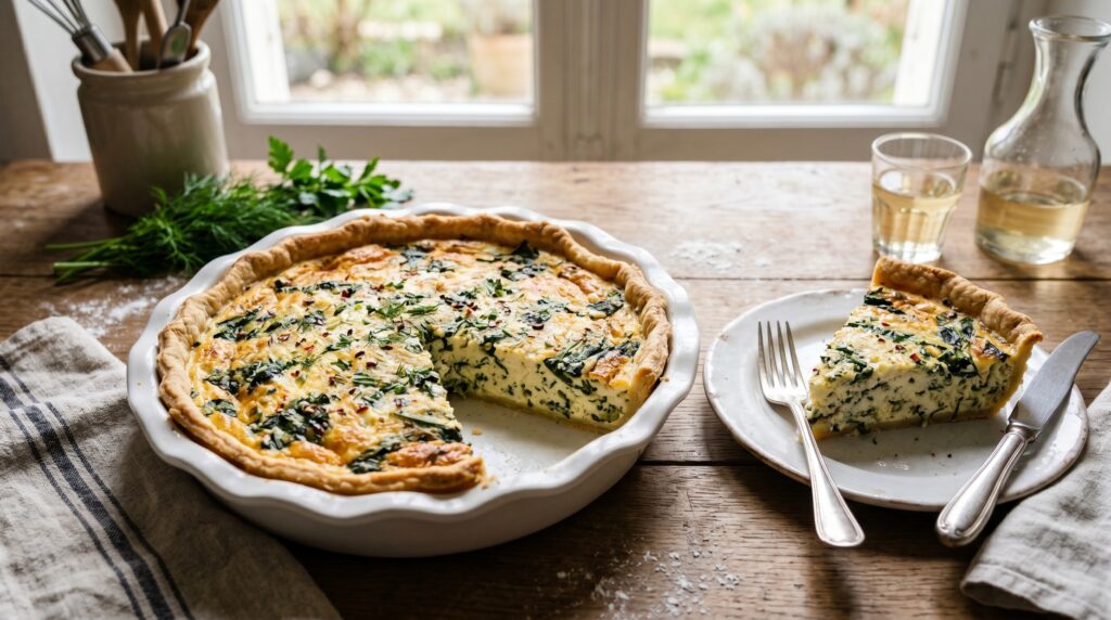 A beautiful cottage cheese quiche on a white ceramic quiche dish