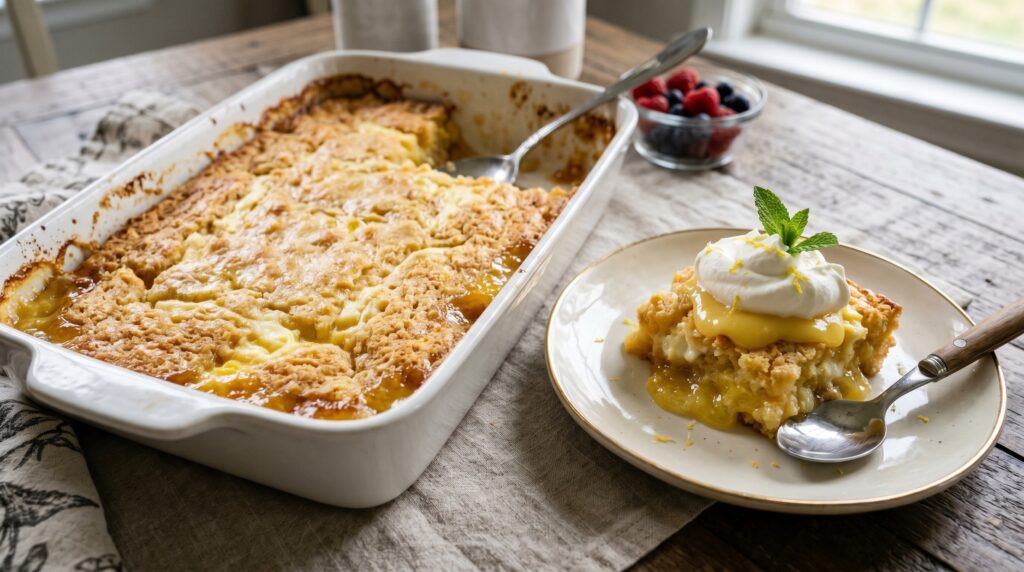 An elegant, pale golden lemon cream cheese dump cake in a white baking dish