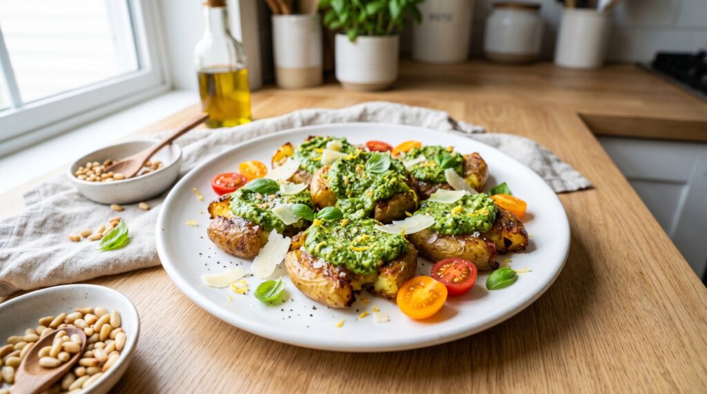 Vibrant, fresh avocado pesto smashed potatoes on a white plate