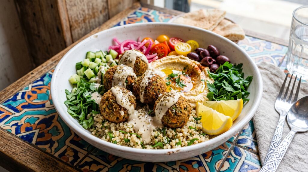A beautiful, colorful falafel and hummus bowl in a wide white bowl
