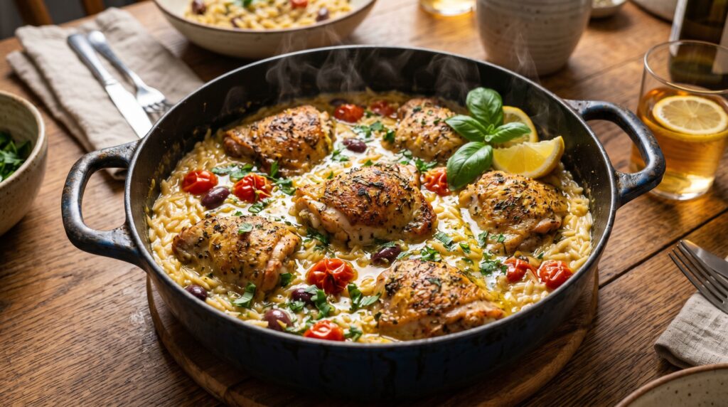 A vibrant, golden one-pot lemon herb chicken and orzo in a wide Dutch oven
