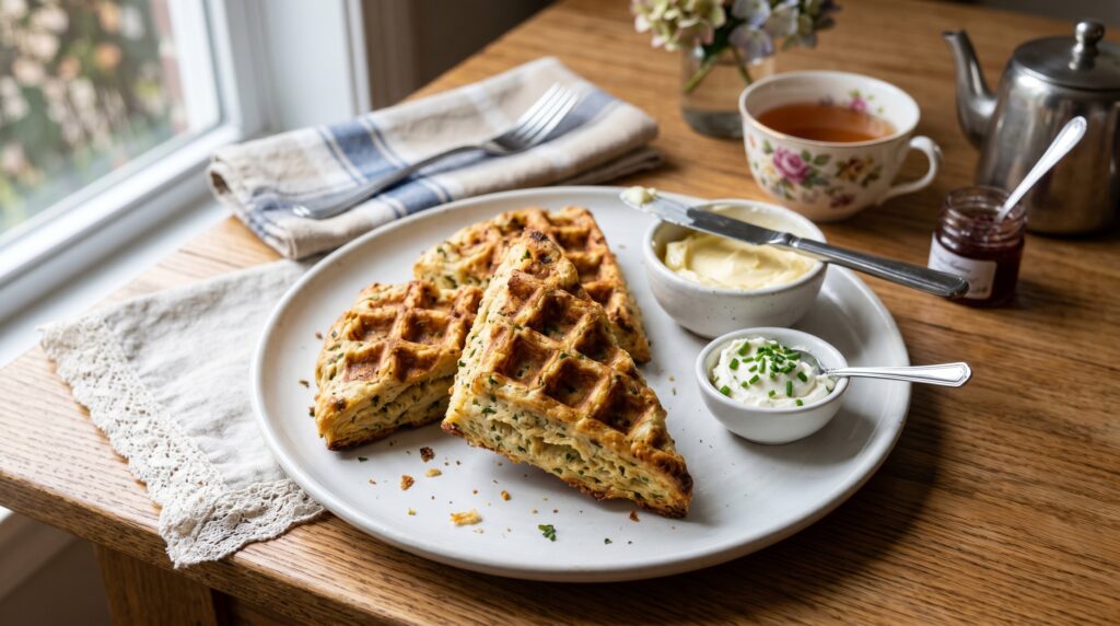 Golden, flaky waffle maker herb scones on a white plate