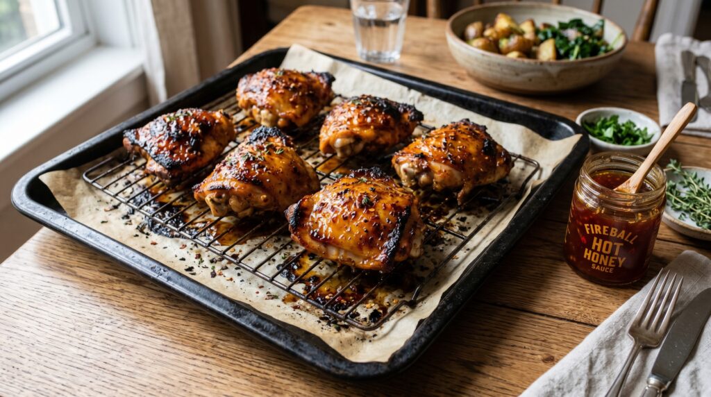 Beautiful hot honey marinated chicken thighs on a wire rack over a lined baking tray