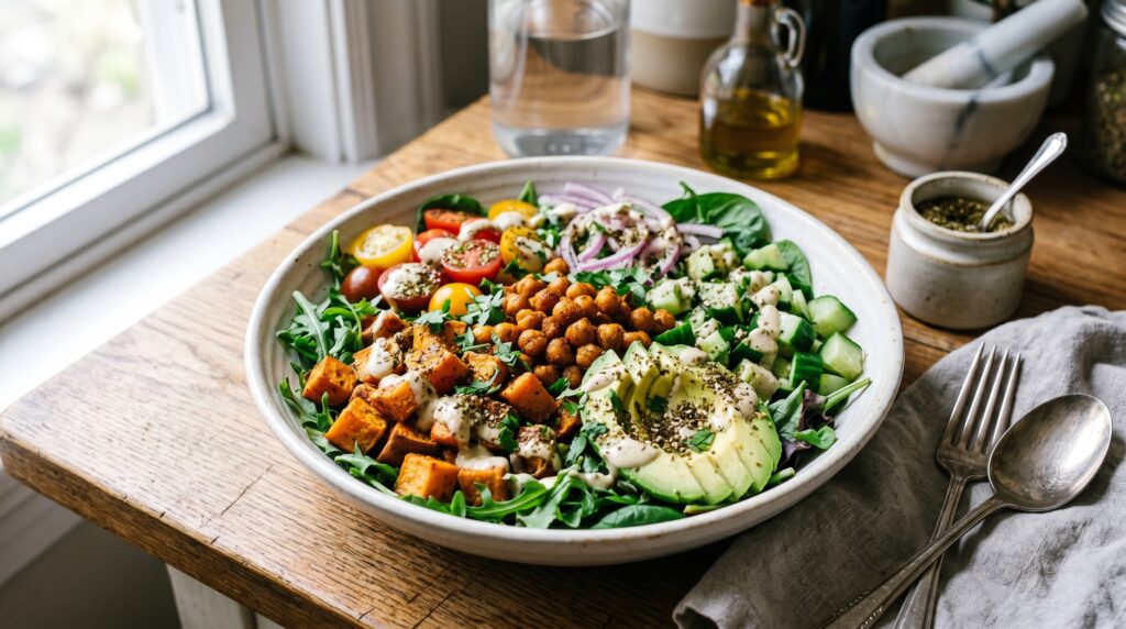 A vibrant, colorful spiced chickpea and sweet potato bowl in a wide white bowl