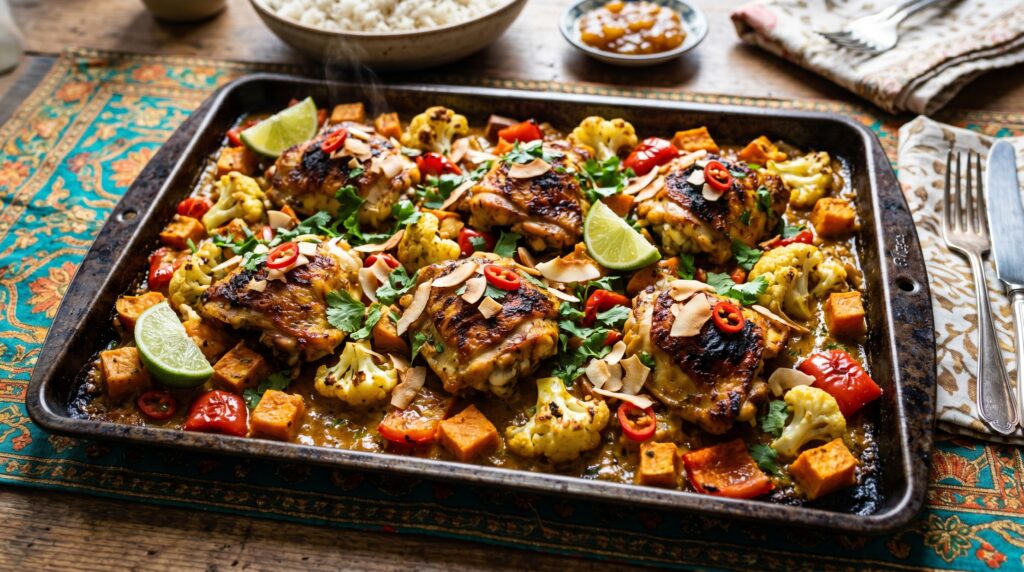 A fragrant, vibrant sheet pan coconut curry chicken on a dark baking tray