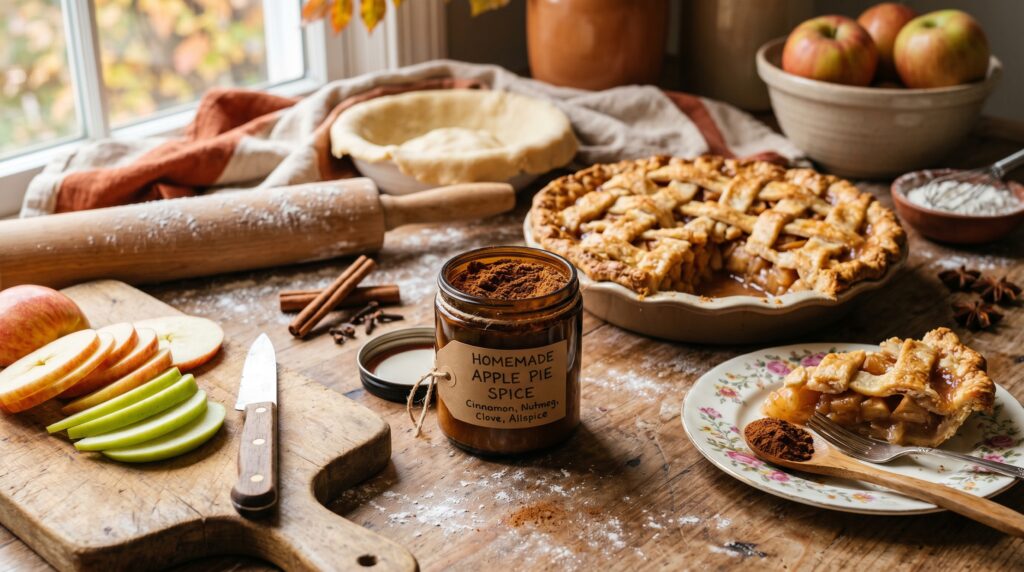A warm, fragrant apple pie spice in a small amber jar on an autumnal baking surface