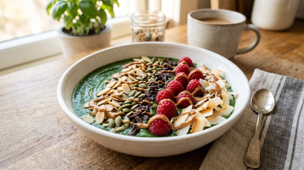A beautiful, thick keto smoothie bowl in a wide white ceramic bowl