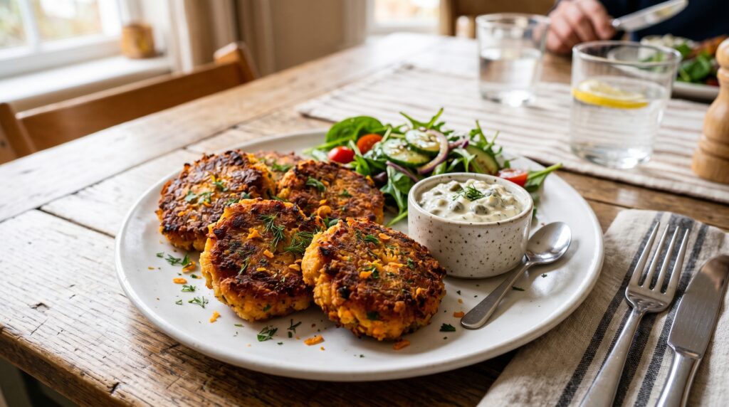 Golden, perfectly crispy sweet potato fish cakes on a white plate