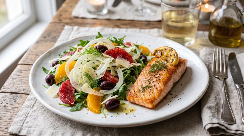 An elegant, sophisticated fennel and orange salad on a wide white plate