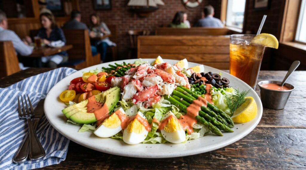 A classic, abundant Crab Louie salad on a large white plate