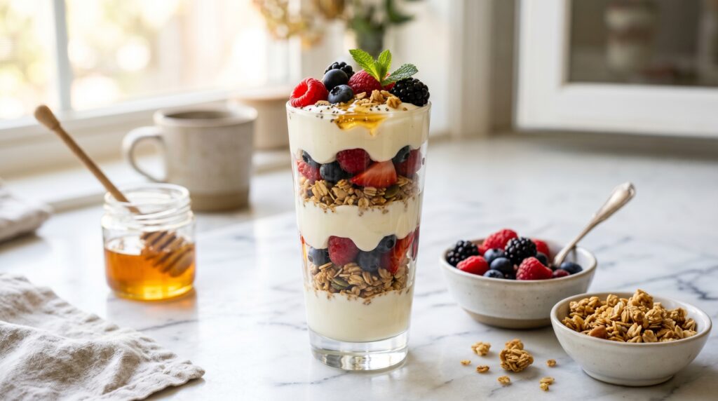 An elegant Greek yogurt parfait in a tall clear glass on a white marble surface