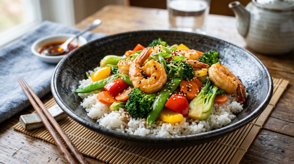 A vibrant, colorful shrimp and vegetable stir fry in a wide dark bowl over jasmine rice