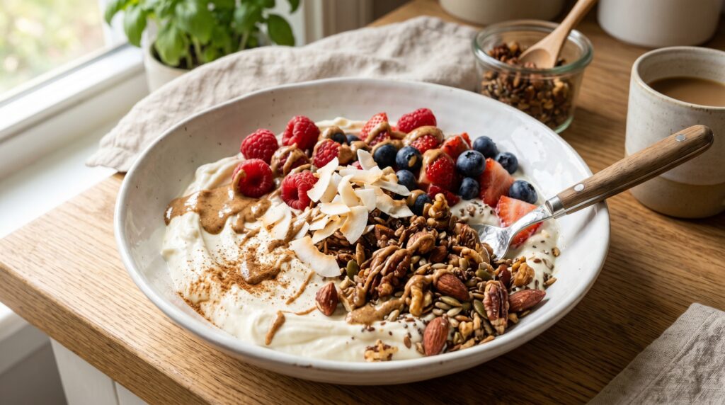 A generous, beautiful Greek yogurt protein bowl in a wide white bowl
