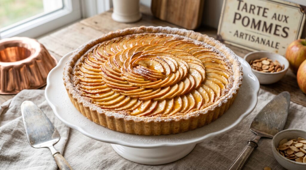A spectacular apple and almond frangipane tart on a white cake stand